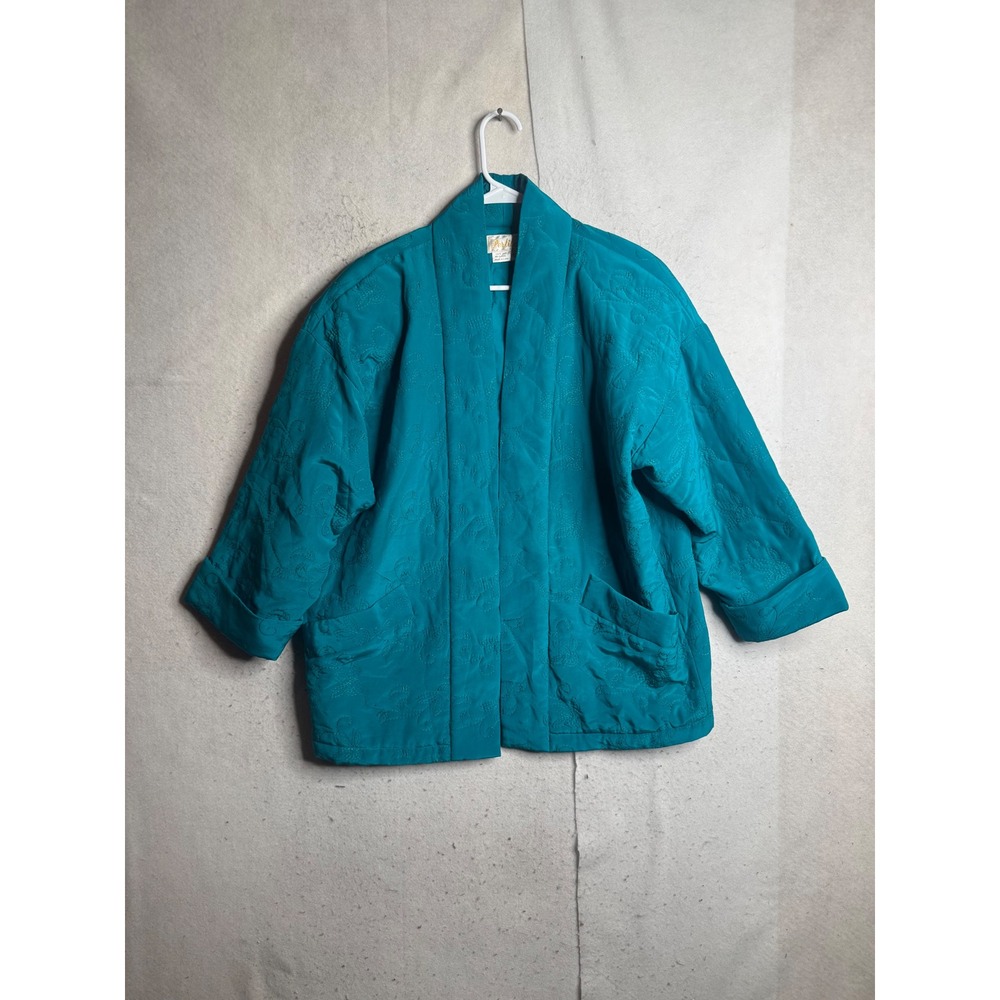 VTG Perlita Womens S Silk Kimono Jacket Teal Blue Floral Embroidered Open Front